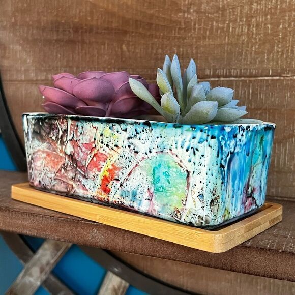 Hand-Painted Ceramic Succulent Planter with Bamboo Tray - Picture 4 of 6